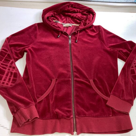BURBERRY LONDON  Velvet Hooded Full Zip Track Jacket Burgundy Sz L Womens - Picture 1 of 13